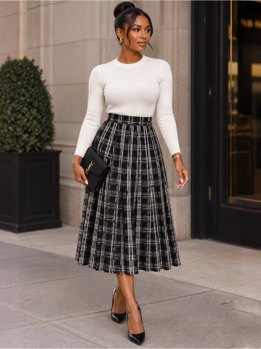 Talbots Black and White Plaid Midi Skirt with Metalic Accents 100% Silk Size 10